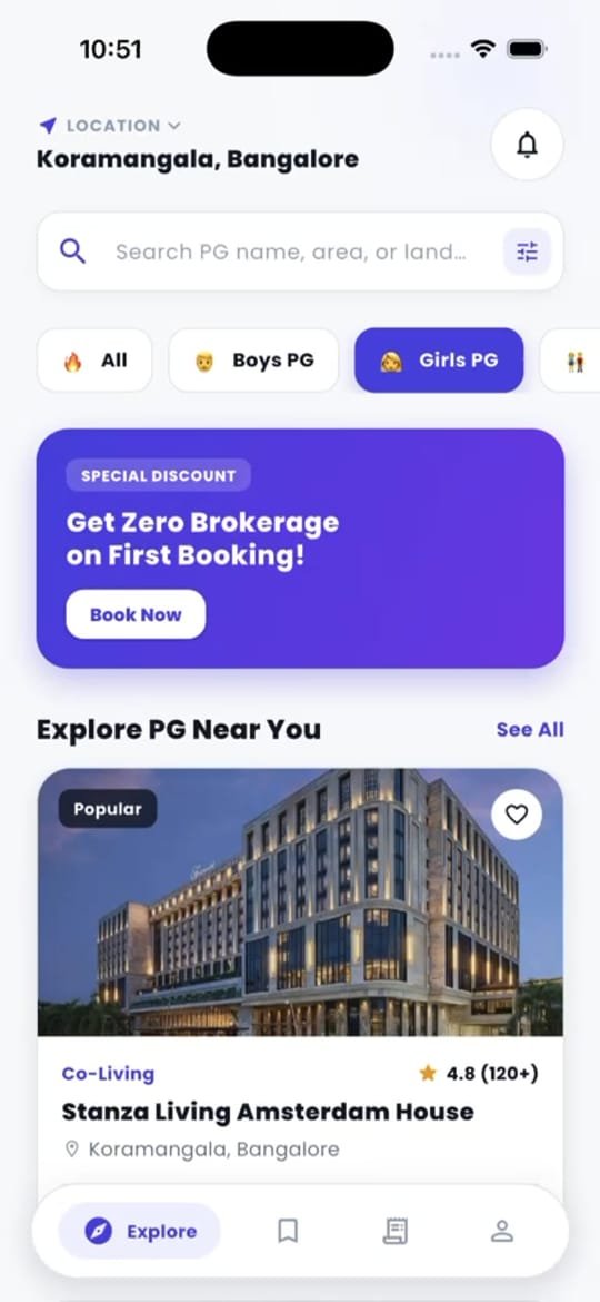 VaseraStay app screen showing verified PG listings near Koramangala, Bangalore
